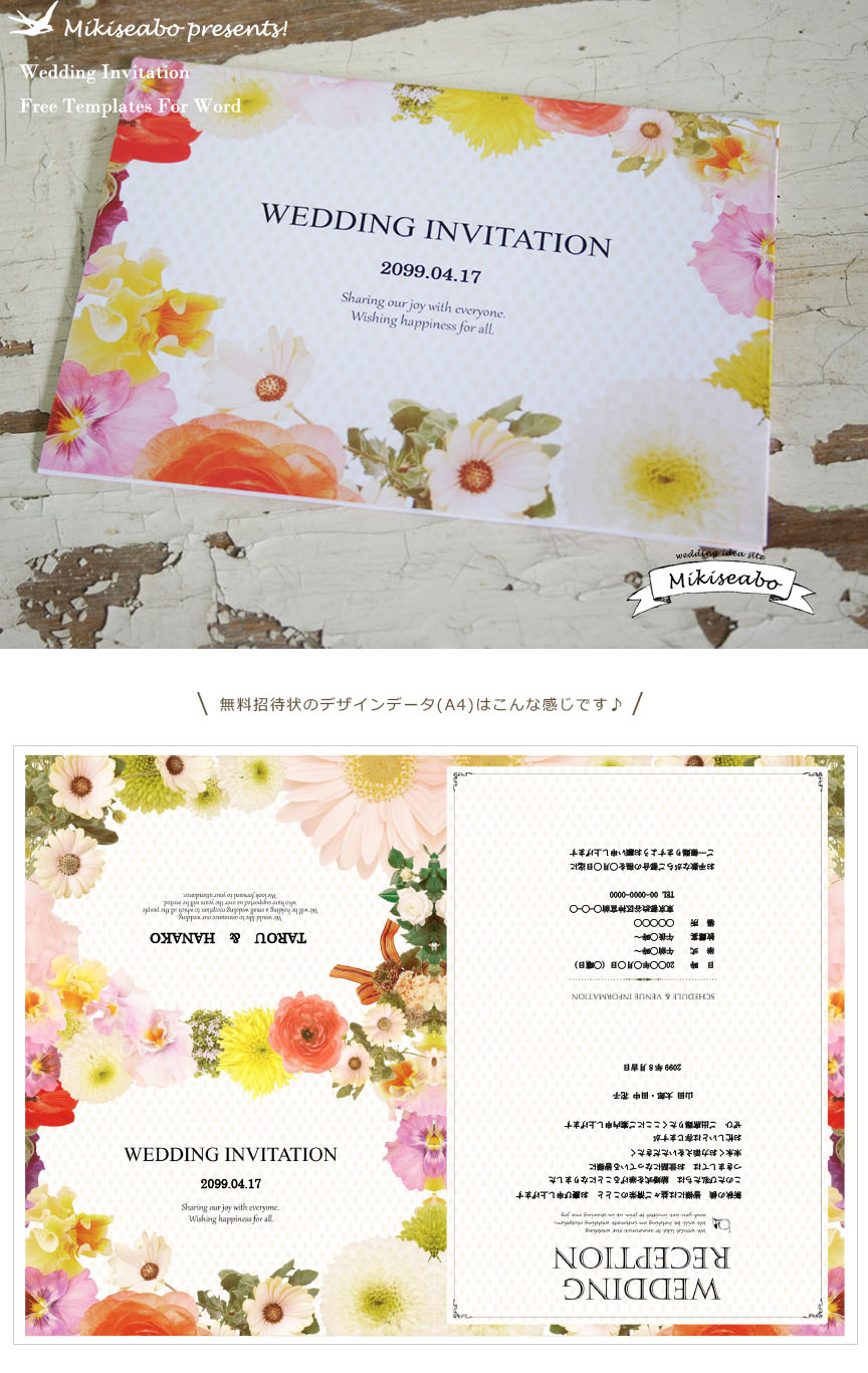 可愛い花柄のシンプル結婚式無料招待状