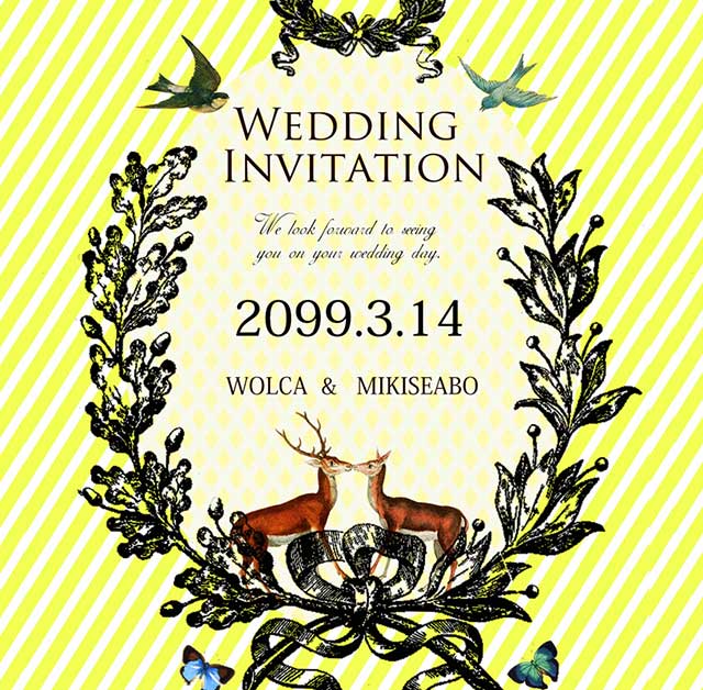 鹿さんが祝福するガーリーレトロな結婚式無料招待状